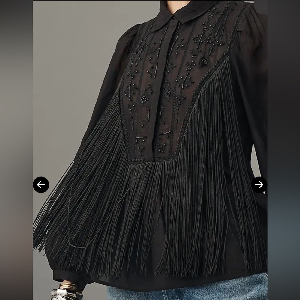 NWT By Anthropologie Long-Sleeve Collared Embellished Fringe Blouse - Picture 4 of 6
